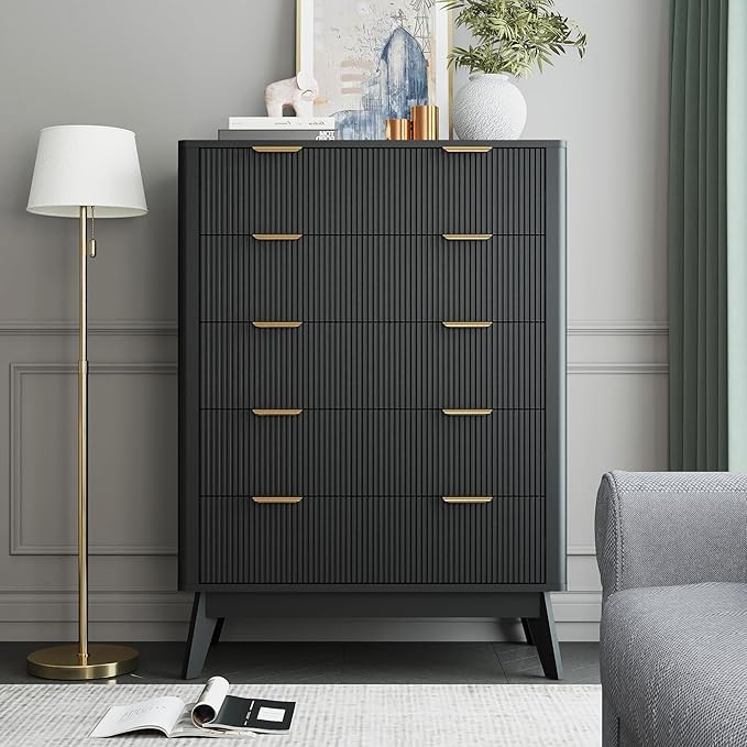 SUNWAVE Fluted 5 Drawer Dresser for Bedroom, 43.3" Tall Dressers with Round Corner, Mid-Century Modern Wood Chest for Living Room, Entry