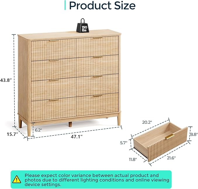 LINSY HOME Fluted Dresser for Bedroom with 8 Drawers, 47" Wide Mid Century Modern Dressers, Tall Boho Chest of Drawers, Large Wood Accent Storage Cabinet for Living Room, Curved Profile Design, Oak
