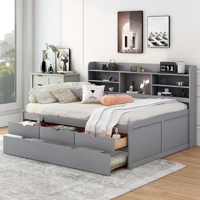 Harper & Bright Designs Full Size Captain Bed with Built-in Bookshelves/3 Storage Drawers/Trundle, Wooden Full Daybed Bed Frame for Kids Teens Dorm Bedroom Multipurpose Guest Room, Light Grey