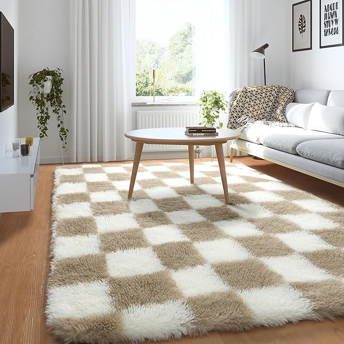 KICMOR 3x5 Rugs for Bedroom Bedside, Soft Fluffy Checkered Shag Area Rug Small Living Room Carpet, Beige and Cream White Fuzzy Shaggy Throw Rug for Kids Boys Girls Dorm Nursery Home Decor Aesthetic