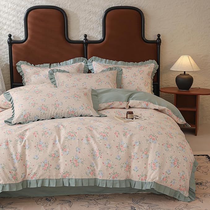 Pink Blue Flower Duvet Cover Set King 100% Cotton Romantic Floral Bedding Set with Green Ruffles Girls Botanical Floral Comforter Cover Princess Bedding Lace Duvet Cover King with Zipper Closure