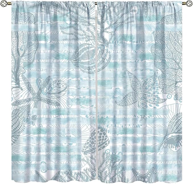 Starfish Curtains，Starfish and Seashells Coastal Curtain Ocean Themed Underwater Marine Decor Waterproof Fabric Curtain Set 2 Panels,63x63 Inches