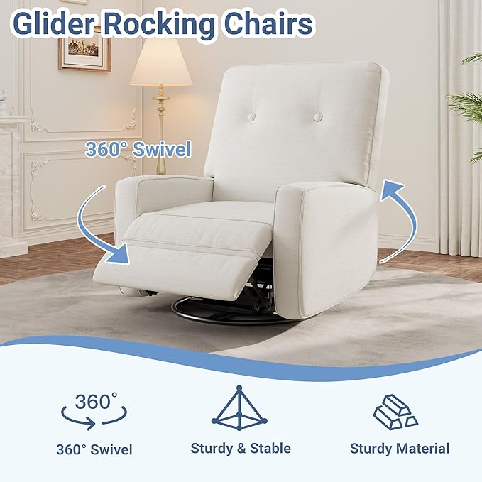GarveeHome Oversized Recliner Chairs, Swivel Rocker Recliner, Glider Recliner Nursery Chair, Recliner Chair for Adults, 360°Swivel Glider Rocking Chair for Living Room, Bedroom, Office, Linen, White