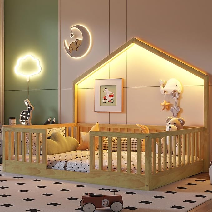 Full Size House Bed for Kids, Low Profile Full Montessori Bed with High Railings, Wood House Shape Montessori Beds with Light & Roof for Kids, Natural