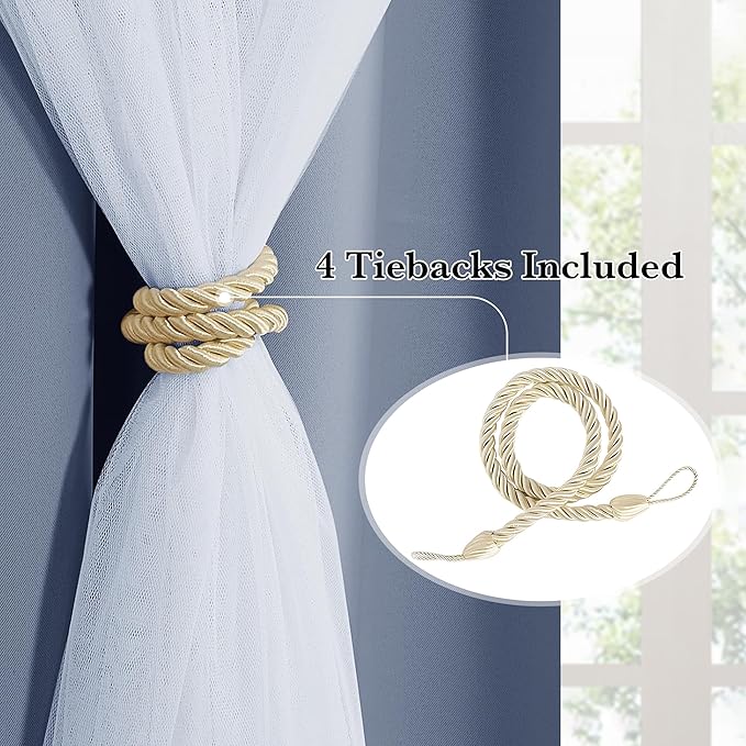 PONY DANCE Curtains for Living Room - Blackout Curtains and White Sheer Overlay Light Blocking Grommet Drapes for Bedroom Kids Room Darkening with Tiebacks, (52x84 inches, Blue Haze, 2 Pieces)