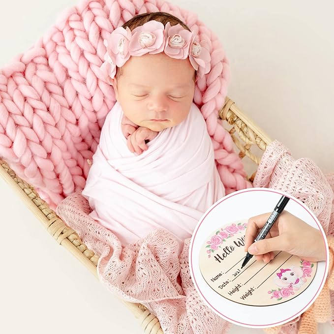 R HORSE Baby Birth Announcement Sign with Marker Pen, Pink Elephant Baby Name Sign with Ink Pad for Hand and Footprints, Wooden Hello World Newborn Announcement Nursery Decor Keepsake Gifts