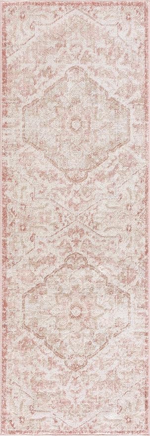 BoutiqueRugs Blush & Light Pink Collection Leonora Bohemian Oriental Medallion Runner Rug - Traditional Floral Carpet for Hallway, Kitchen - Blush, Pale Pink, Cream - 2'7" x 7'3" (2x8 Runner Rug)