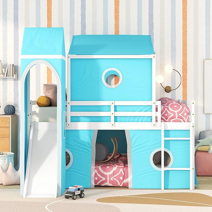 Playhouse Design Full Size Low Loft Bed with Slide & Tent and Tower, Solid Wood Tent Bed Frame for Kids Boys Girls, Versatile Spacious Under Bed Space with Curtains (Blue-TE)