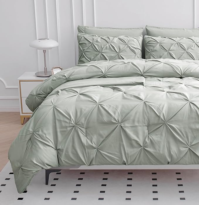 LANE LINEN Twin Comforter Set, 5 Piece Twin Bedding Sets, Ultra Soft Pintuck Twin Bed in a Bag Set with Down Alternative Comforter, Sheets, Pillowcase & Sham, Pinch Pleated Kids Bedding Set - Mineral