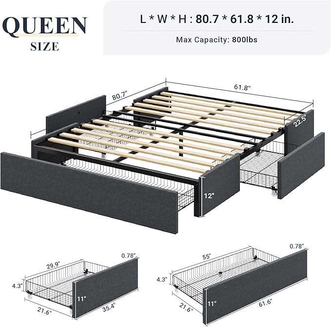 Allewie Queen Size Platform Bed Frame with 3 Storage Drawers, Fabric Upholstered, Wooden Slats Support, No Box Spring Needed, Noise Free, Easy Assembly, Dark Grey