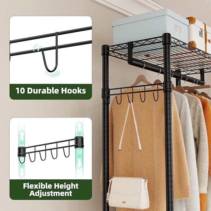 Portable Closet, Heavy Duty Clothes Rack on Wheels, Wardrobe Closet for Hanging Clothes, 77 Inch Tall Clothing Rack with Adjustable Mesh Shelves and Hanging Rails, Black
