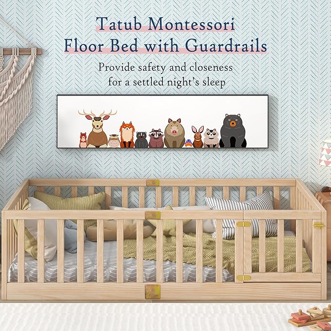 Tatub Twin Montessori Floor Bed with High Rails, Solid Wood Montessori Bed Frame for Kids, Door Can Install Left and Right, Twin-Nature