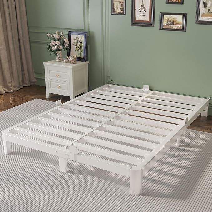 Queen Bed Frame 4 Inch White, Metal Bed Frame Queen Size with Baffles, No Box Spring Needed, Heavy Duty Steel Platform Support, Rounded Corner Design, Noise Free, Easy Assembly