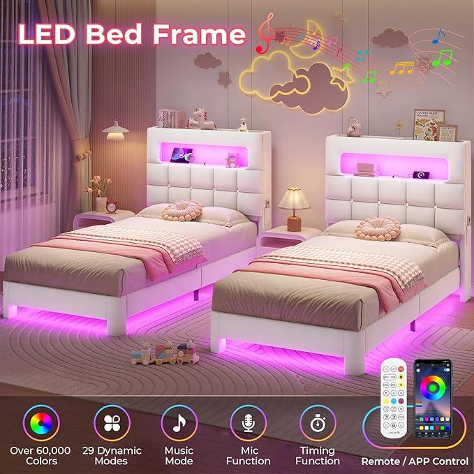 MSmask Twin Upholstered LED Bed Frame with 2-Tier Storage Bookcase Headboard, Velvet Princess Bed with Crystal Button Tufted Headboard & Charging Station, Girls Platform Bed, Curved Legs, White