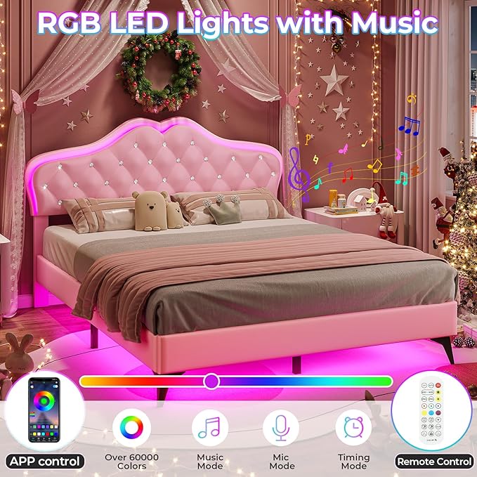 BTHFST Queen Size Upholstered Bed Frame with LED Lights, Princess Platform Bed for Girls, Adjustable Headboard with Crystal Button, Solid Wood Slats Support, No Box Spring Needed, Pink