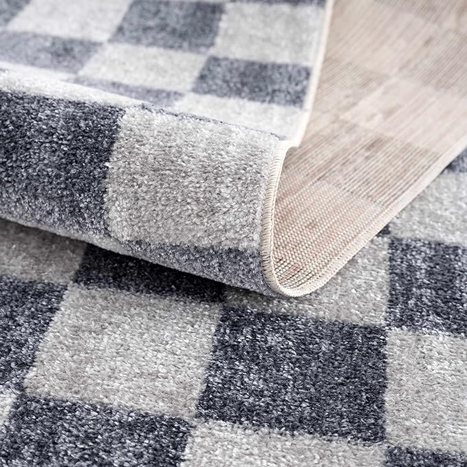 BoutiqueRugs Alia Gray Modern Checkered Area Rug - Contemporary Geometric Carpet for Hallway, Nursery, Playroom, Girls Boys Room - Machine Washable - Ivory, Blue, Gray - 9'2" x 12'