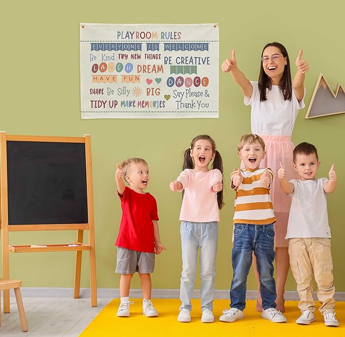 Playroom Kids Toddler Room Wall Decor, Play Room Rules Wall Decor for Kids Play Game Room Bedroom Nursery Home School Playroom Essentials,Canvas Rectangular Banner Poster 28.5x20 Inch