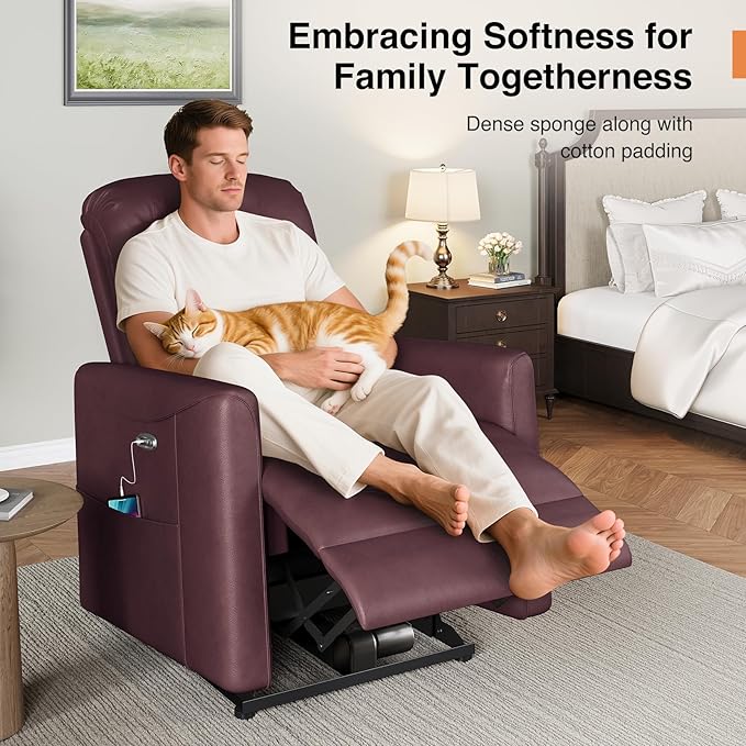 Adjustable Power Recliner Chair, Comfy PU Leather Electric Recliner Chair, Power Recliners with USB Port, Eco-Certified Small Recliners for Small Spaces Sofa Reclinable, Dark Purple