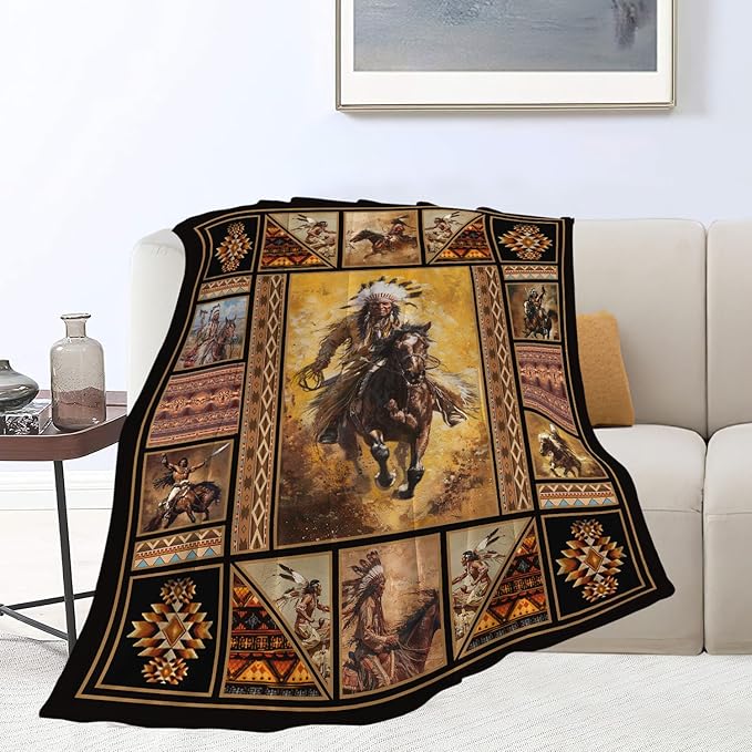 Rustic Indians Blanket Native American Throw Blanket Retro Chief Flannel Stuff Merch Cozy Decor Fleece Plush Fuzzy Warm Soft Lightweight Bedding Indians Gifts for Women Men Girls Couch 80"X60"