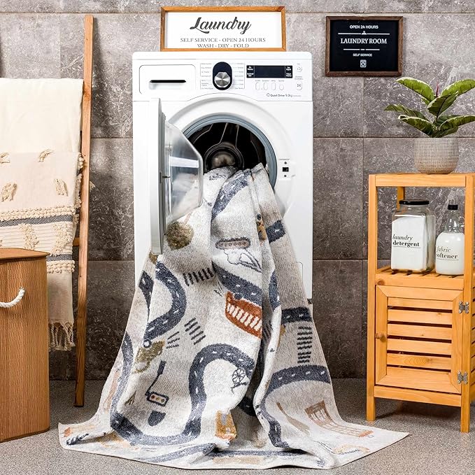 Hauteloom Mave Road Rug for Kids, Toddler Room, Nursery, Playroom, Classroom- Machine Washable - Cream, Red, Blue, Gray - 6'7" x 9'