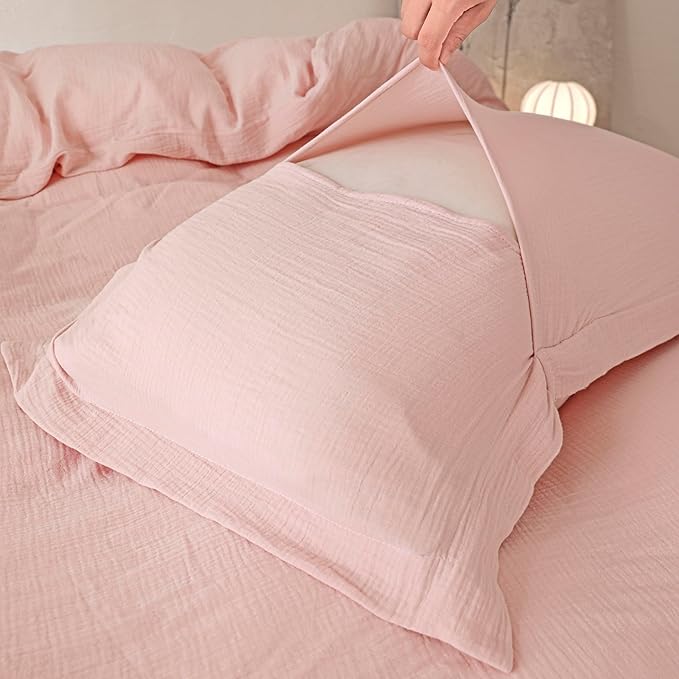 MorroMorn Muslin Duvet Cover King Size, Ultra Soft 100% Cotton Comforter Cover Set, 3 Pieces 2-Layer Gauze Duvet Cover with 2 Pillowcases, Breathable Lightweight Linen Like, 90"x104", Pink