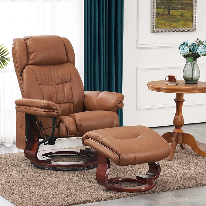 MCombo Swivel Recliner with Ottoman, Faux Leather TV Chair with Vibration Massage, Ideal for Small Space, Living Room & Bedroom 4734 (Saddle)