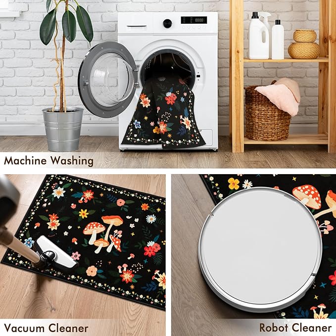2x3 Machine Washable Area Rug, Non-Slip Small Vintage Floral Entryway Rug for Front Door, Low Pile Indoor Door Mat for Entryway, Bedroom, Dining Room & Kitchen(2x3 Black Mushroom)