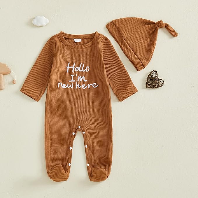 Hello I'm New Here Newborn Outfit Boy Letter Embroidery Waffle Knit Long Sleeve Footed Jumpsuit Coming Home Outfit Hat