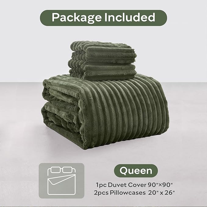 JELLYMONI Plush Duvet Cover Set - Queen Size Green Striped Fluffy Comforter Cover 3pcs Bedding Set Luxury Ultra Soft Faux Fur Duvet Cover with Zipper and 2 Pillowcases (NO Comforter)