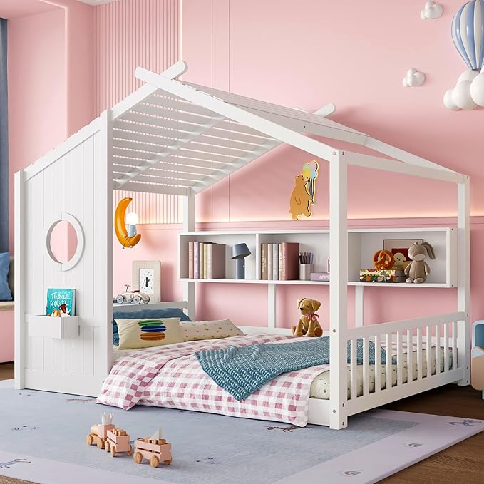 Full Size Floor House Bed with Roof and Window for Kids, Wooden Playhouse Bed with Storage Shelves for Bedroom Furniture Girls & Boys (White/L1, Full)