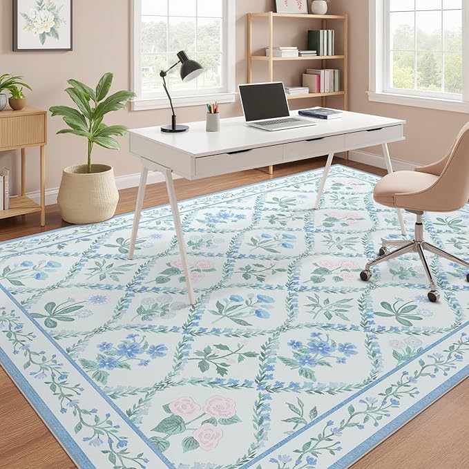 Blue Nursery Rug for Baby Girl, 5x7 Washable Boho Floral Area Rug for Living Room, Cute Ultra-Thin Non Slip Indoor Girls Room Decor Carpet for Nursery Kids Room Bedroom Playroom Dorm