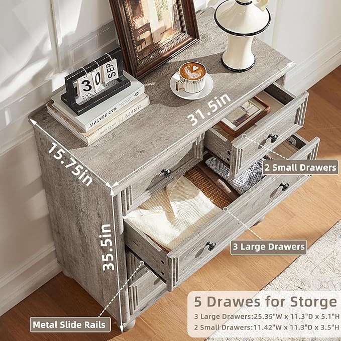Farmhouse 5 Drawer Dresser for Bedroom Set of 2, 35.5" Tall Small Dressers & Chest of Drawers, Rustic Wood Dresser with Roman Column, Storage Organizer for Living Room, Hallway, Closet (Grey)