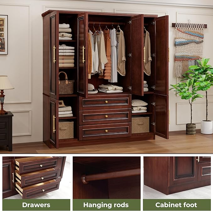 Solid Wood Armoire:Large Wardrobe Closet with Drawers and Hanging Rod,Storage Cabinet Clothes Organizer for Bedroom Cherry Finish