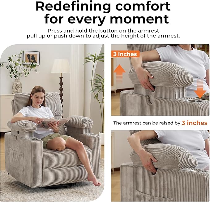 Rocking Chair Nursery with Adjustable Armrests, Electric Glider Recliner Nursing Chair for Breastfeeding, Power Swivel Recliner Chairs with Massage and Heat, Adjustable Headrest, Corduroy Grey