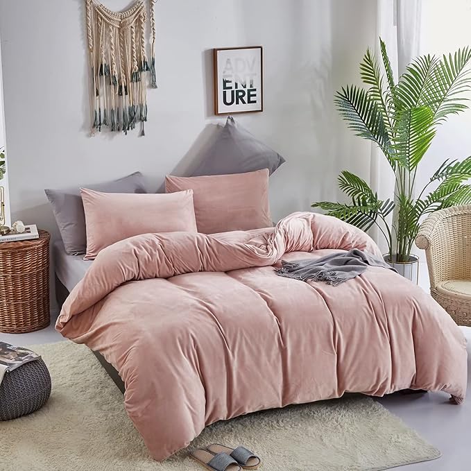 Houseri Pink Duvet Cover Queen Fluffy Light Pink Velvet Bedding Set Full Girls Blush Pink Duvet Cover Flannel Fuzzy Dusty Pink Bedding Duvet Covers Women Micromink Sherpa Plush Pink Bedding Sets Queen