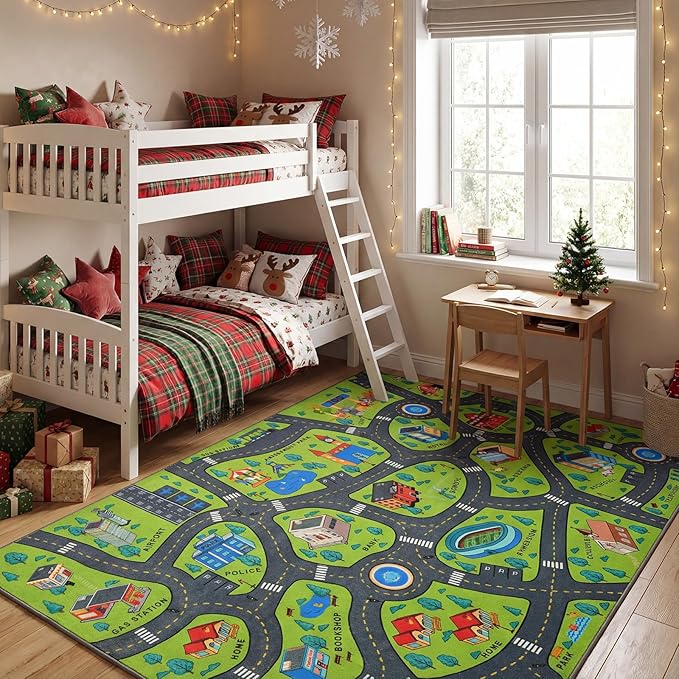 Merelax 3x5 Kids Car Area Rug, Green Grey Area Road Rugs for Living Room Playroom Classroom Bedroom, Non Slip Kids Play mat, Washable Rug, Educational City Traffic Map Fun Car Carpet for Ages 3-12