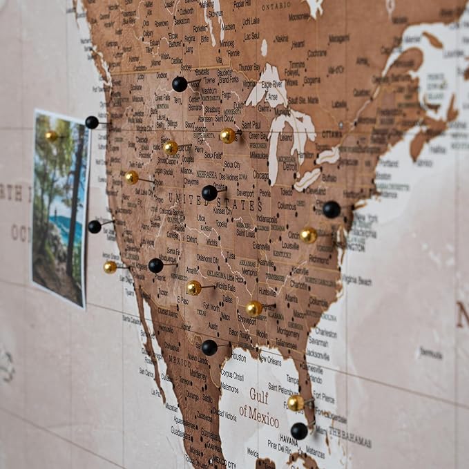 Canvas World Map with Cork Pin Board - English Lettering - Decorative Wall Decoration for All Rooms - Canvas Pictures with World Map Motif (150x100 cm, Pattern 17)