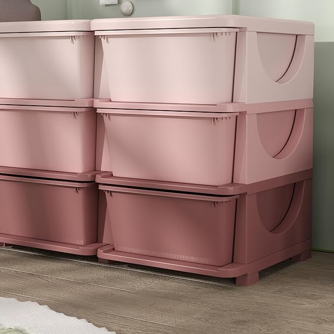 Qaba 3 Tier Kids Storage Unit, 9 Drawer Chest Toy Organizer Plastic Bins for Kids Bedroom Nursery Kindergarten Living Room for Boys Girls Toddlers, Pink