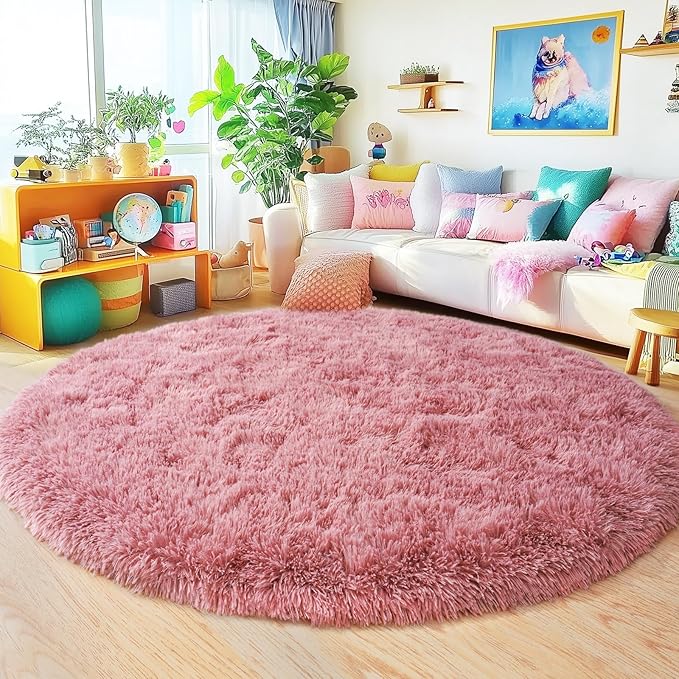 6‘x6’ Blush Round Rugs for Girls Bedroom, Ultra Soft Fluffy Circle Rug for Kids Room, Cute Shag Rugs for Living Room Playroom Tent Castle Home Decor Rug