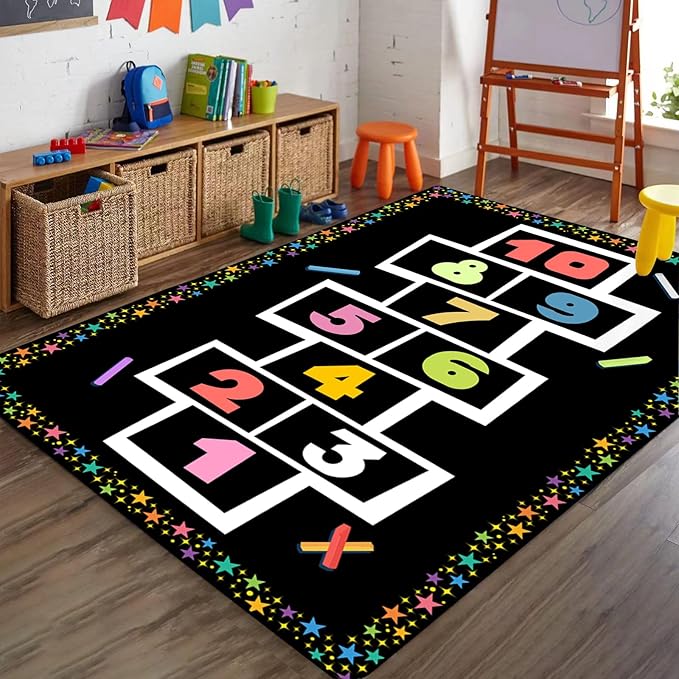 Hopscotch Rug for Kids, 6x8ft, Colored Star Pencil Toddler Play Mat, Non-Shedding Pet Friendly Low Pile Rugs, Dirty Resistant Foldable Non Slip Carpets for Indoor Nursery Floor