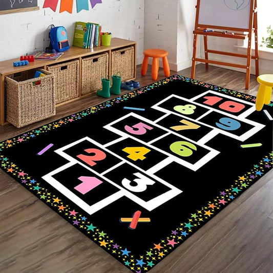 Hopscotch Rug for Kids, 5x8ft, Colored Star Pencil Toddler Play Mat, Non-Shedding Pet Friendly Low Pile Rugs, Dirty Resistant Foldable Non Slip Carpets for Indoor Nursery Floor