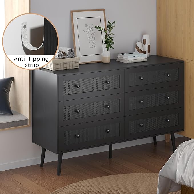 Rattan Dresser for Bedroom, Black 6 Drawer Dressers & Chest of Drawers, Natural Boho Dresser with Handles Wood Storage Organizer Modern Dressers for Closet, Hallway, Office