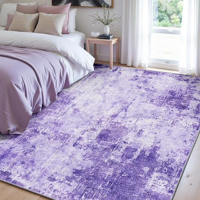 Washable Area Rugs 4'x6' Non-Slip Modern Abstract Soft for Living Room Entryway Bedroom Nursery, Print Pattern, Purple Gray Pink White