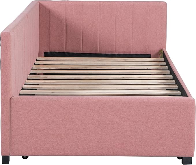 Harper & Bright Designs Upholstered Daybed with Trundle Twin Size Sofa Bed Frame No Box Spring Needed, Linen Fabric(Pink)