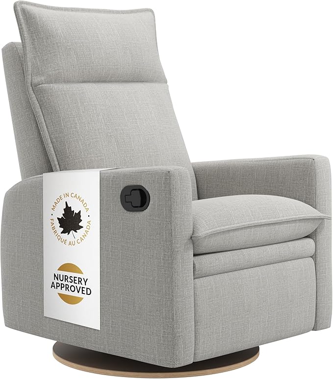 Arya Modern Nursery Glider Recliner Chair – Cozy Nursing Chair with 360° Swivel for New Parents, Gentle Motion, Compact Design, High Back & Low Armrests, Canadian Made (Silver Grey/Nubia Fabric)