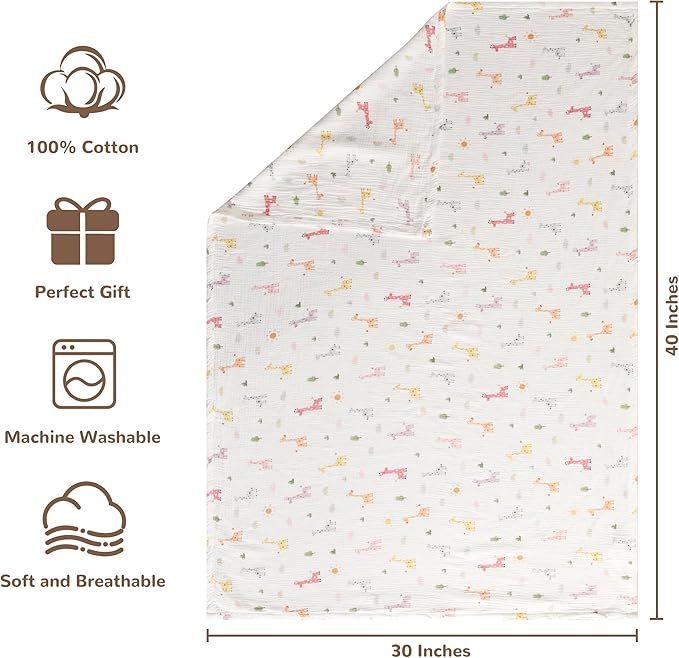 NTBAY 2 Layer Muslin Cotton Baby Swaddle Blanket, 30x40 Soft and Breathable Receiving for Newborns and Infants, Perfect for Crib, Stroller, Travel, Lightweight Nursery Blanket, Cartoon Giraffe