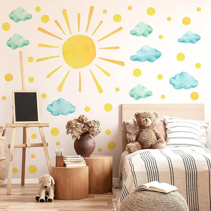clothmile Sun and Clouds Wall Decals Polka Dots Decal Watercolor Boho Sun Wall Decals Peel and Stick, PVC Sunrise Wall Stickers Sunshine Wall Art Decor for Kids Room Playroom Nursery Bedroom