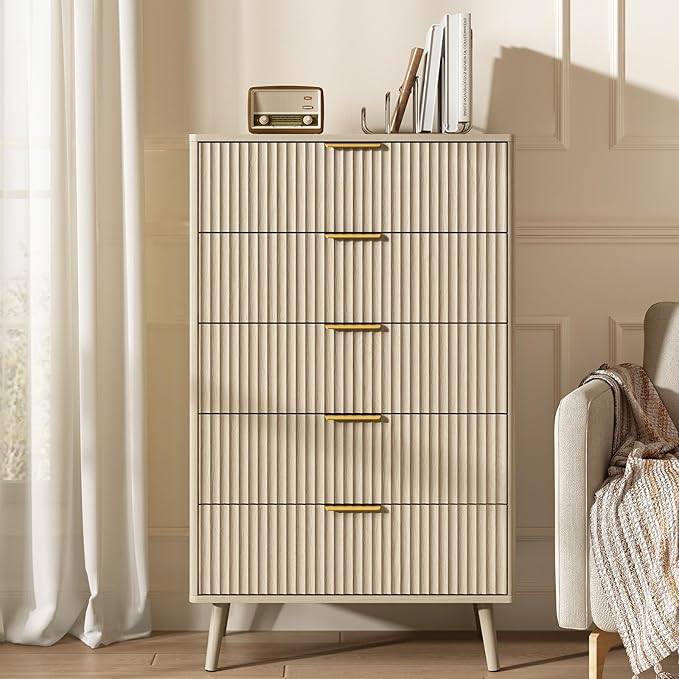 CARPETNAL Fluted 5 Drawers Dresser for Bedroom, 45" Tall Wooden Chest of Drawers with Rounded Corners, Gold Handles, Modern Storage Organizer for Bedroom, Hallway (Beige)
