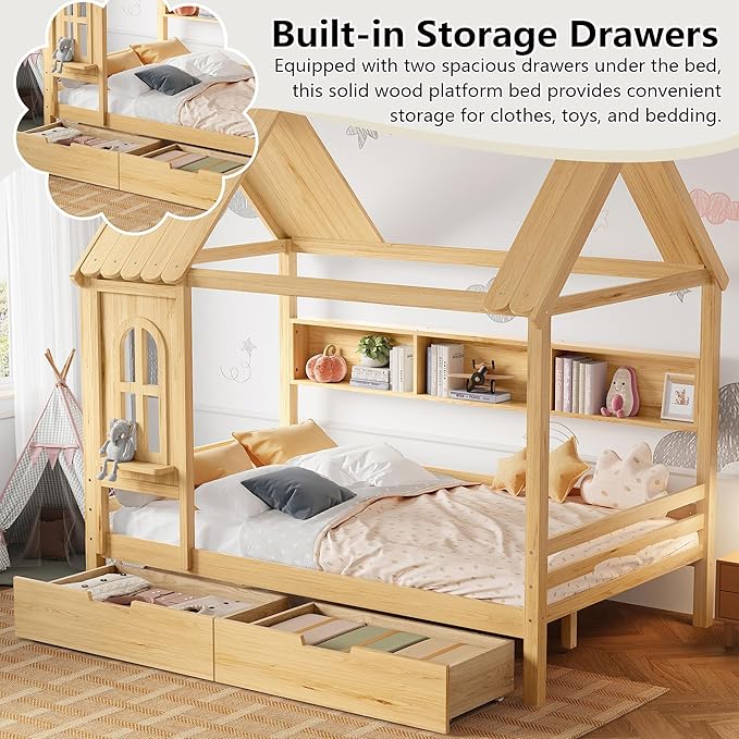 Full House Bed with Drawers and Window, Solid Wood House Platform Bed with Shelves, Full Bed Frame with House-shaped Roof for Kids, Boys, Girls, No Box Spring Needed and Childlike Design, Natural