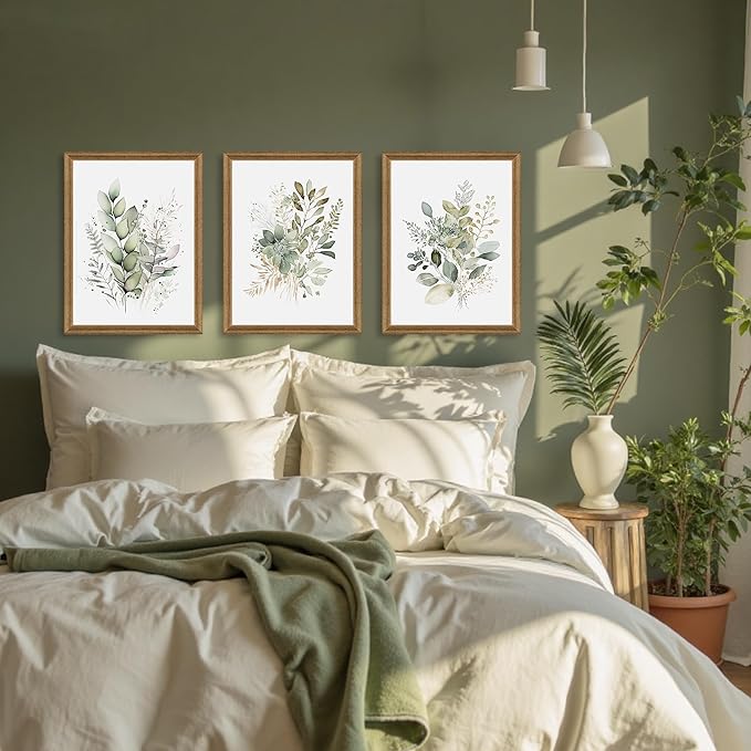 WRFON Watercolor Botanical Wall Art Set of 3 Boho Sage Green Wildflower Canvas Wall Art Prints Modern Floral Wall Decor for Bedroom Living Room Bathroom Decorations Wood Framed 16x24 Inches